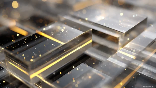 Futuristic design featuring Geometric shapes in layered glass like patterns with glowing accents.