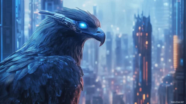 Futuristic eagle wallpaper with chrome textures and glowing eyes, set against a sci fi skyline.