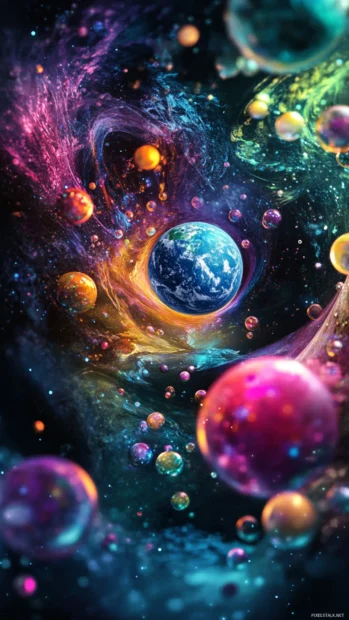 Galaxy inspired abstract art with Earth embedded among soft orbs.