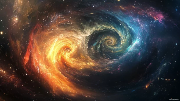 Galaxy spiral arms stretching across the frame wallpaper 2560x1440 with intense color details.