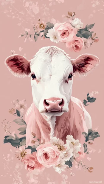 Generate a soft and romantic phone background mixing creative pink cow layout with floral accents.