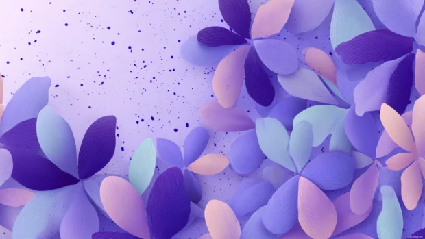 Gentle lavender color palette with floating floral shapes and minimal gradients.