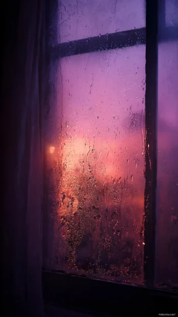 Gentle rain falling on a window with a glowing lavender color tint behind.