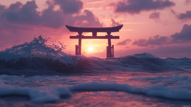 Gentle waves lapping against the floating torii gate of Itsukushima Shrine in Japan during a pastel sunset.