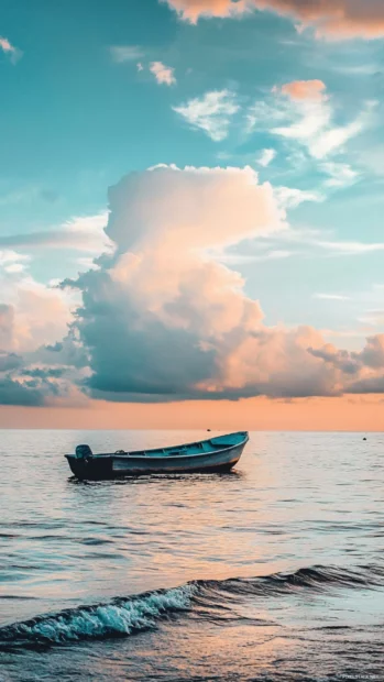 Gentle waves lapping around a fishing boat under soft clouds, fishing inspired aesthetic.