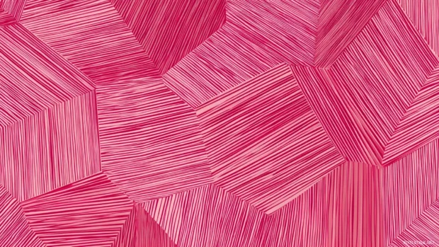 Geometric abstraction built from pink polygons and fine parallel lines.