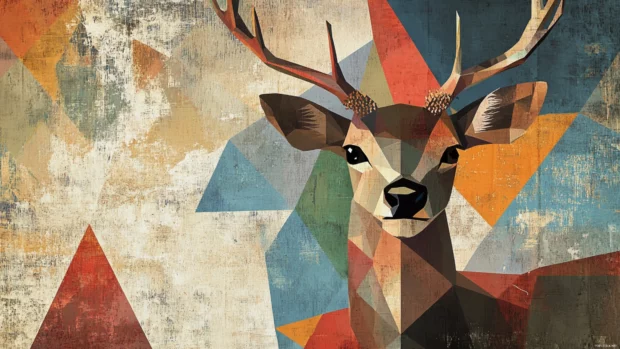 Geometric deer wallpaper built with angular shapes and abstract design over a textured canvas.