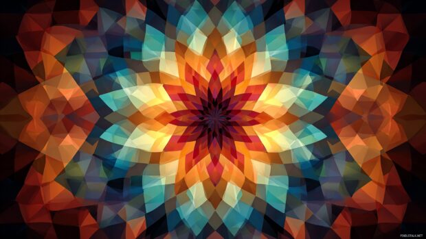 Geometric design with a burst of colorful polygons radiating from the center in a kaleidoscope pattern.