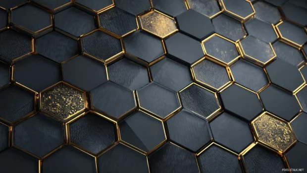 Geometric desktop background filled with honeycomb pattern accented by subtle metallic sheen and depth lighting.