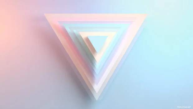 Geometric desktop computer wallpaper created from layered triangular slices floating over pastel gradient.