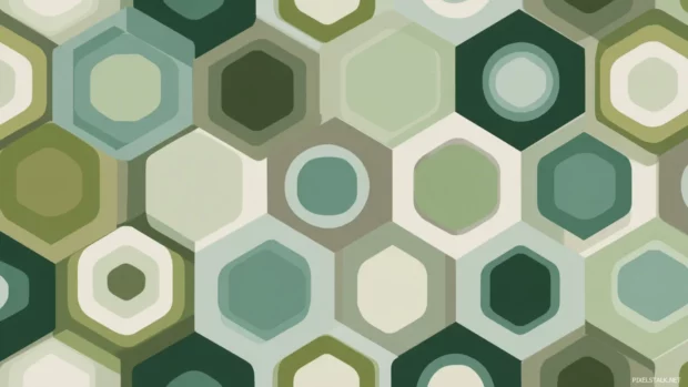 Geometric desktop monitor wallpaper featuring interlocking circles and hexagons in gentle moss green palette.