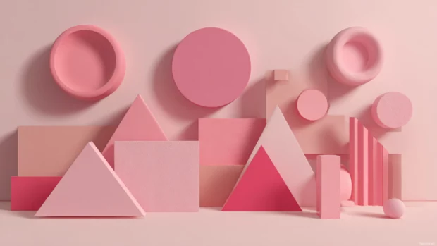 Geometric elements in multiple pink hues creating a playful yet elegant desktop background.