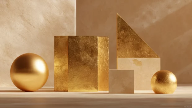 Geometric forms sculpted in matte and shiny gold textures with soft light effects.