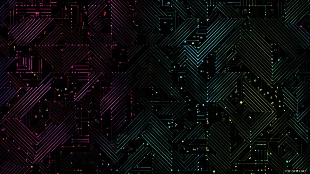 Geometric maze like pattern with fine lines and repeating squares across a dark background.