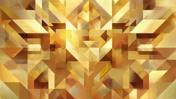 Geometric pattern in shimmering gold tones with sharp angles and abstract symmetry.