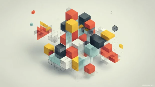 Geometric structure made of cubes and triangular forms in a modern isometric perspective.