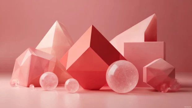 Geometric style rendered in pink featuring 3D prism shapes and minimal shadows.