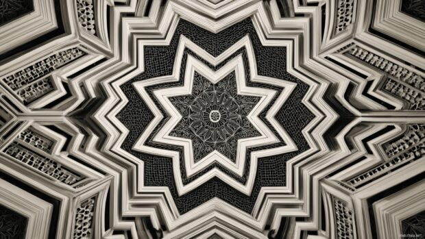 Geometric symmetry with mirrored patterns and intricate lines creating a mesmerizing optical illusion.