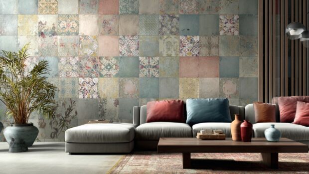 Geometric tile wallpaper blending modern square tiles with subtle floral motif overlay in pastel tones.