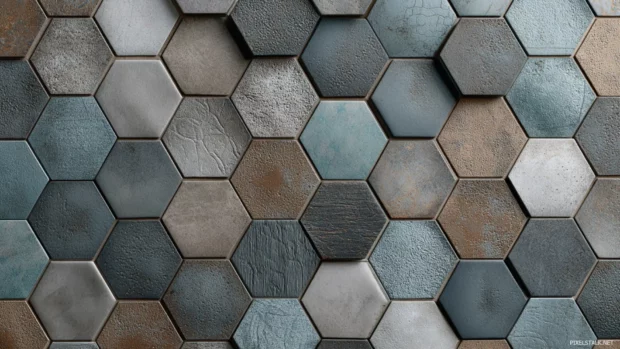 Geometric tiles arranged in a honeycomb style with subtle textures and cool tones.