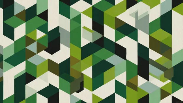 Geometric wallpaper featuring Green tones and rectangular tessellations with isometric style.