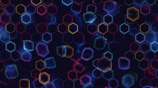 Geometric wallpaper hd featuring neon outlines of hexagons pulsing against deep navy backdrop.