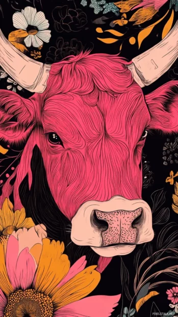 Give a youthful touch to your iPhone wallpaper using pink cow graphic design styled with whimsical patterns.