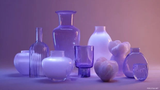 Glass objects glowing with lavender color under ambient soft lighting.