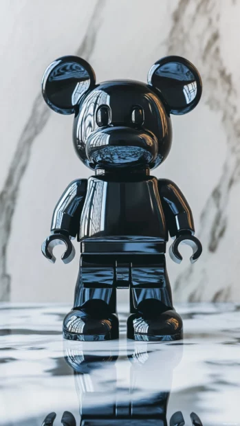 Glossy Bearbrick character on top of gentle marble floor.