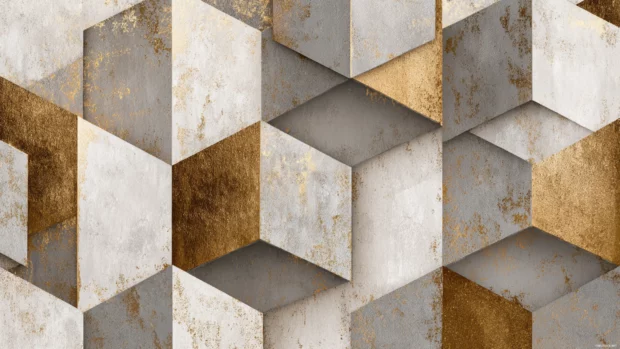 Gold And White Geometric Wallpaper pattern with layered tiles and subtle shadows creating depth effect.