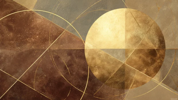 Gold Geometric Background inspired composition merging circle and polygon outlines with light gold patina effect.