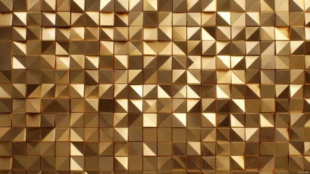 Gold Geometric Mosaic Wallpaper illustrating complex grid of small metallic squares and triangles in high resolution.