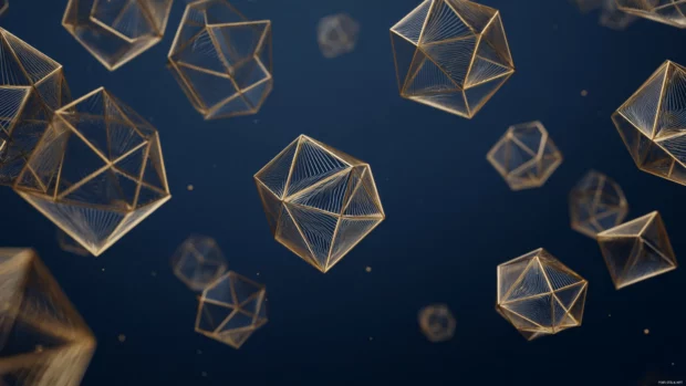 Gold Geometric Shapes Wallpaper capturing floating 3d polyhedrons drifting across a deep navy background.