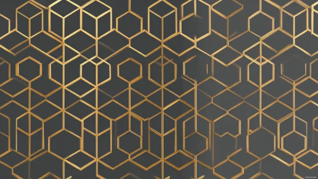Gold Geometric Tile Wallpaper featuring repeating cube motifs with luminous edges on matte charcoal surface.