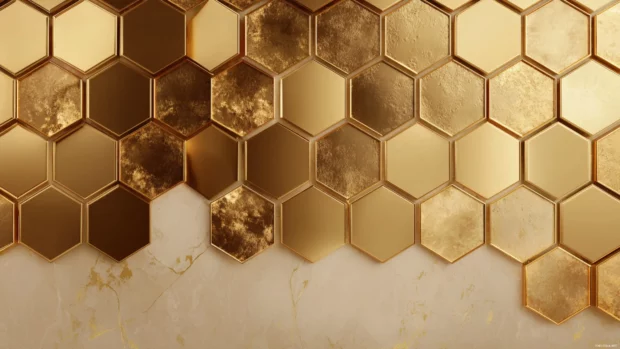 Gold Geometric Wallpaper blend of glossy hexagon plates and matte backdrop creating refined luxury aesthetic.