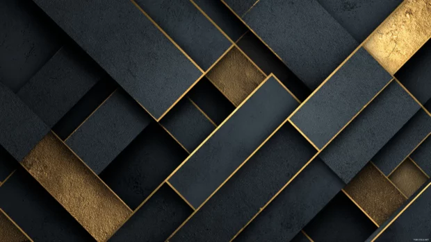 Gold accents on a dark backdrop highlighting a geometric maze of angular shapes.