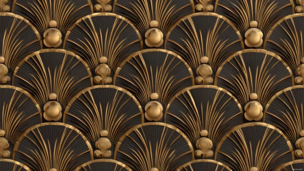 Gold geometric background inspired by Art Deco with repeating symmetrical elements.