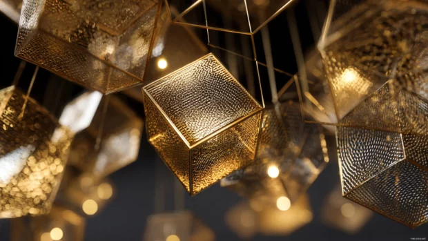 Gold infused geometric composition with thin wireframe patterns and luxurious lighting.