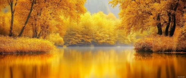 Golden autumn forest reflected perfectly on a calm lake, making a stunning wallpaper 3440x1440 ultra wide.