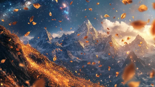 Golden autumn leaves fall gently across a mountain ridge where distant galaxies rise over the jagged peaks.