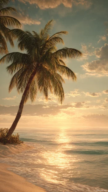 Golden beach with an aesthetic palm tree gently leaning under a warm glowing sky.