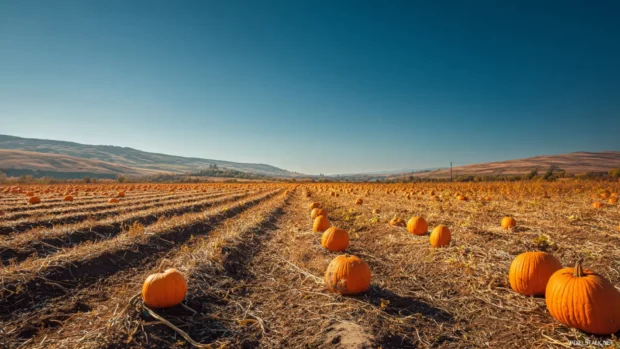 Golden fall fields stretching towards the horizon, dotted with large pumpkins under a clear blue sky.