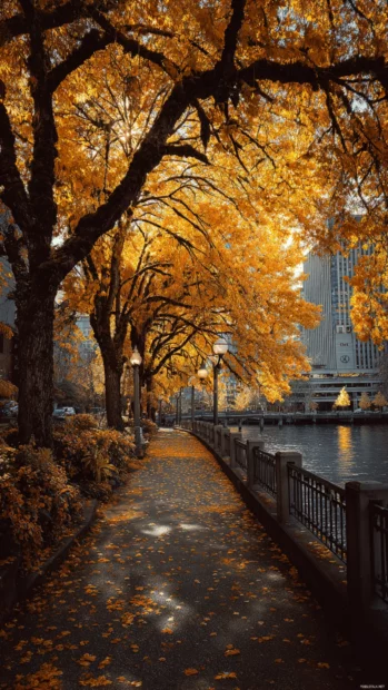 Golden fall leaves forming a canopy over a peaceful urban park path, captured vertically for iPhone users.