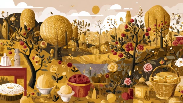 Golden fall scenery with Thanksgiving elements like pies, cranberries, and harvest baskets scattered throughout.