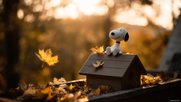 Golden fall sunset behind Snoopy as he relaxes on top of his doghouse, leaves gently floating around him.