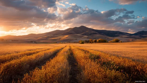Golden fields stretching endlessly under a glowing Beautiful Fall sky, surrounded by warm seasonal colors.