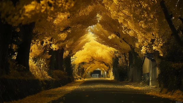 Golden ginkgo trees lining a quiet Japan street creating a glowing yellow tunnel in autumn.