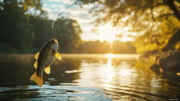 Golden hour bass fishing with soft sunlight glinting off the water surface.