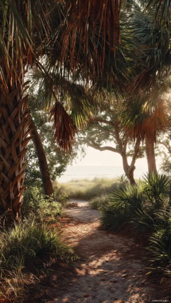 Golden light filtering through the leaves of an aesthetic palm tree on a quiet beach path.