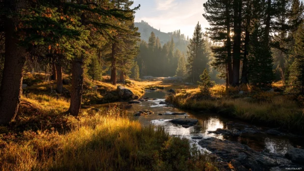 Golden light spreading across a breathtaking fall landscape with tall trees and gentle streams weaving through the scene.